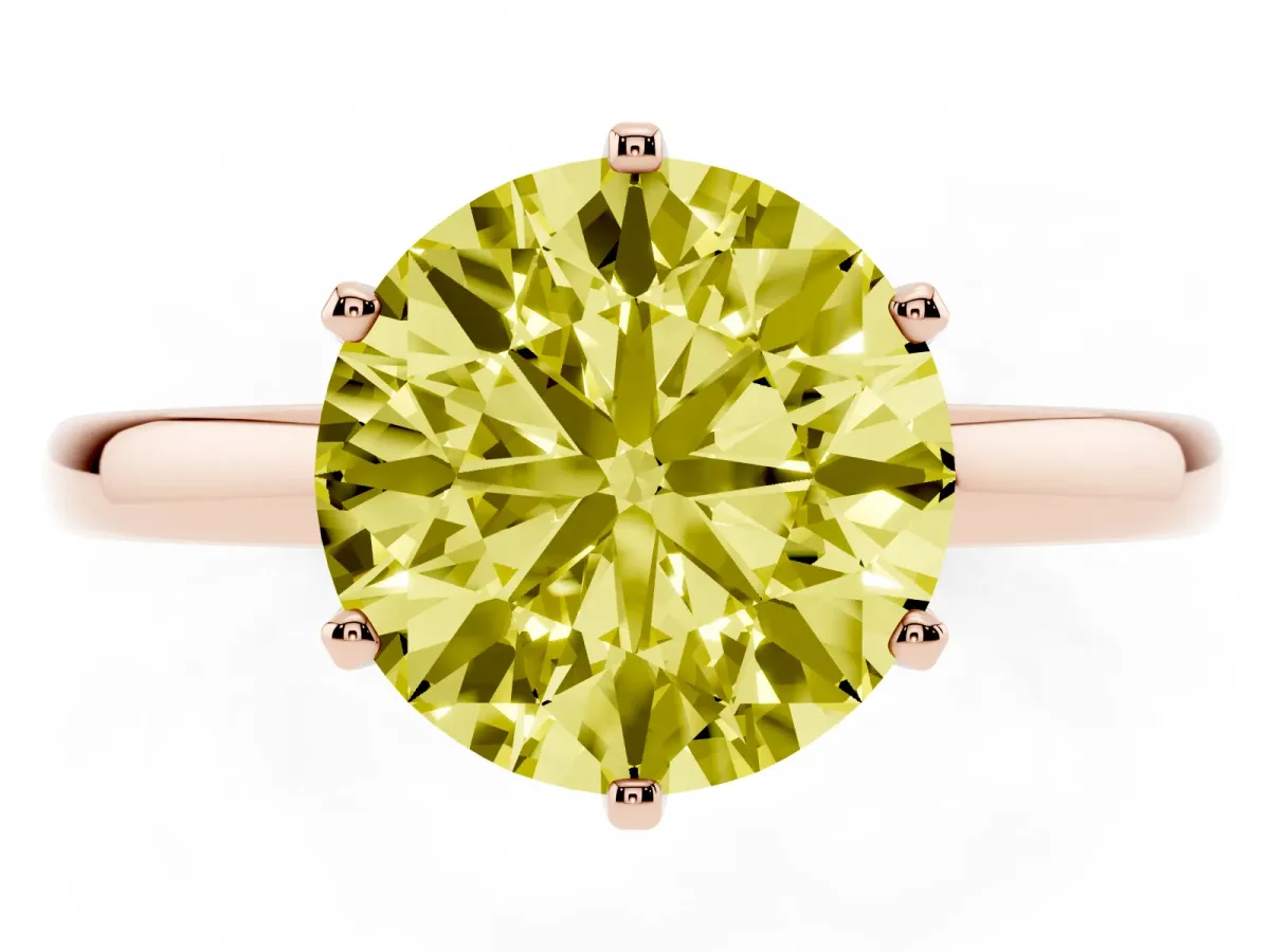 Fancy Yellow Round Cut Solitaire Diamond Ring with Six-Prong Setting on a Classic Band Rose gold