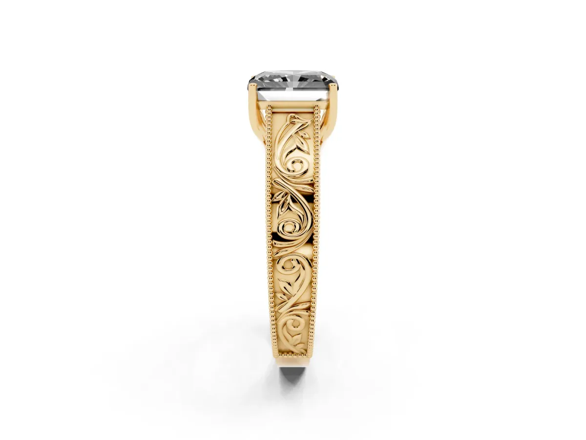 Fancy Black Radiant Cut Diamond Solitaire Ring with Engraved Band and Four-Prong Setting Yellow gold