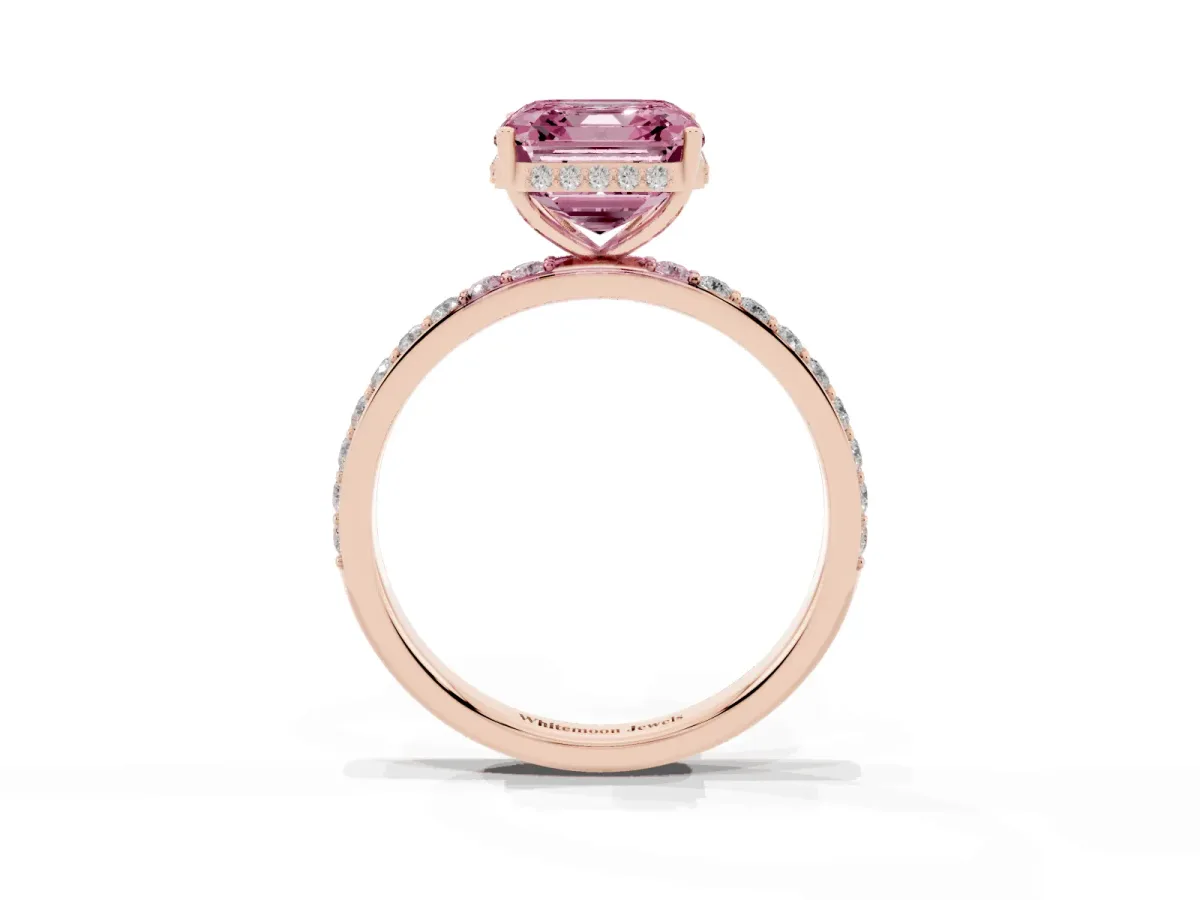 Fancy Pink Asscher Cut Diamond Solitaire Ring with Pavé Band and Hidden Halo Rose gold