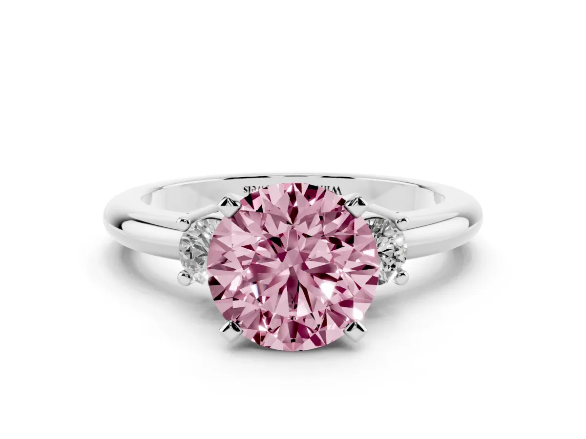 Fancy Pink Three-Stone Round Cut Cut Diamond Solitaire with Prong Setting and Classic Band Silver