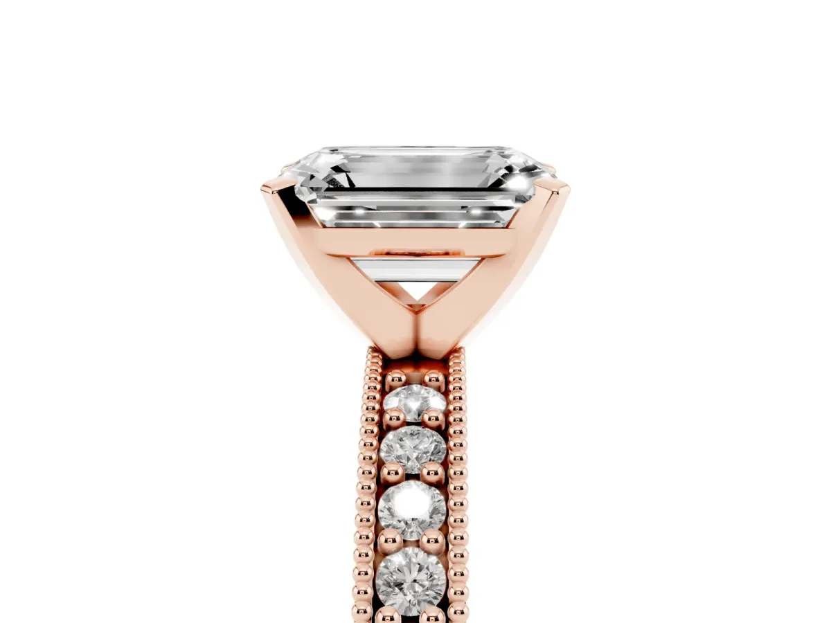 Emerald Cut Diamond Milgrain Pavé Engagement Ring with Four-Prong Setting Rose gold