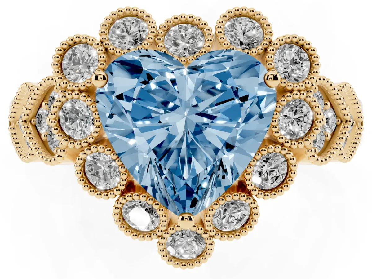 Fancy Blue Heart Cut Brilliant Milgrain Pave Heart Band Solitaire Ring Yellow gold