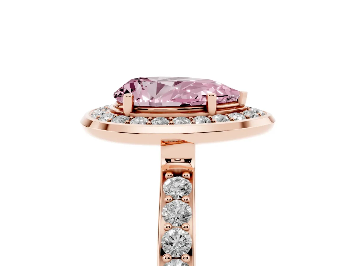 Fancy Pink Pear Cut Diamond Halo Ring with Bezel Frame and Pavé Band Rose gold