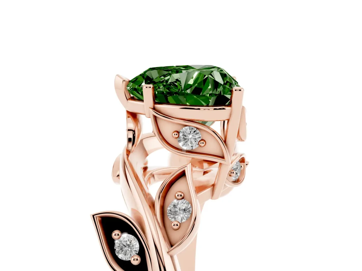 Fancy Green Heart Cut Solitaire Twist Engagement Ring with Leaf Accents and Prong Setting Rose gold