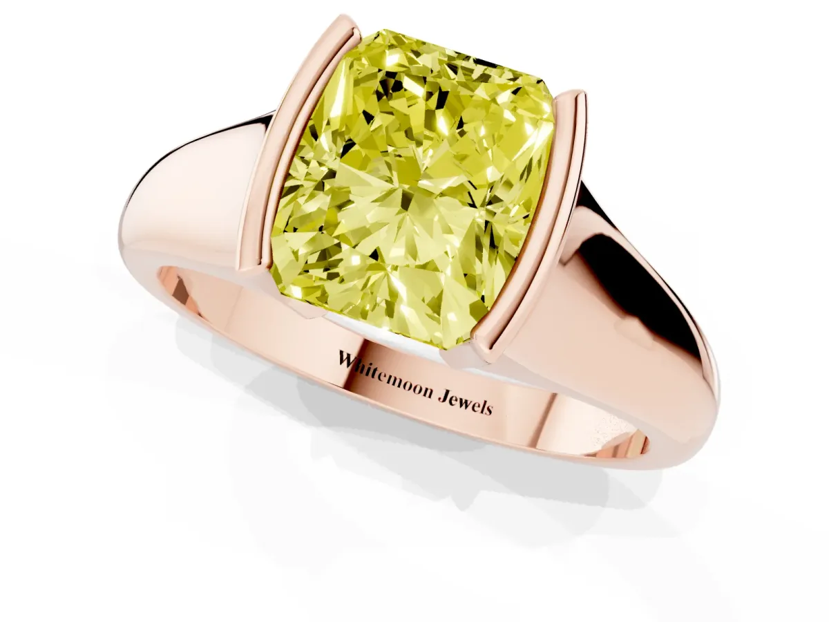 Fancy Yellow Radiant Cut Solitaire Tension Set Diamond Ring with Split Shank Band Rose gold