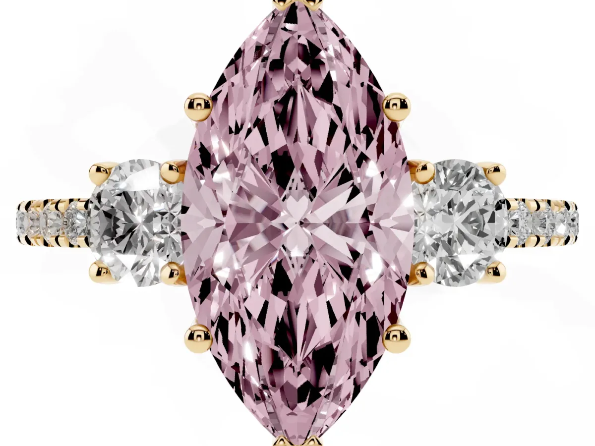 Fancy Pink Three-Stone Marquise Cut Cut Diamond Pavé Band with Prong Setting Yellow gold