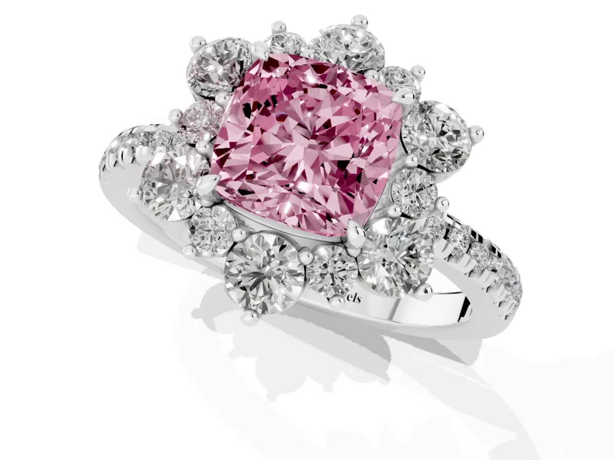 Fancy Pink Cushion Cut Diamond Floral Halo Ring with Round Pavé Band and Prong Setting Silver