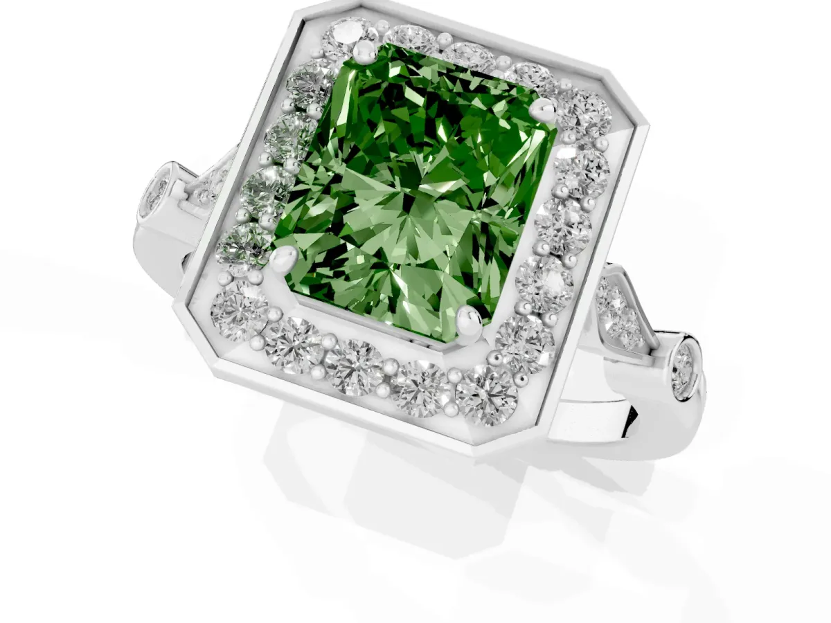 Fancy Green Radiant Cut Halo Diamond Engagement Ring with Twisted Band and Four-Prong Setting Silver