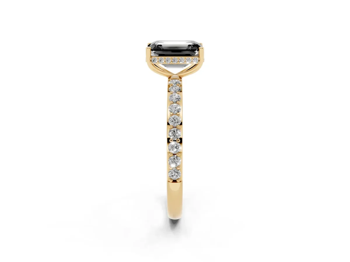 Fancy Black Emerald Cut Diamond Solitaire Ring with Pavé Band and Hidden Halo Yellow gold