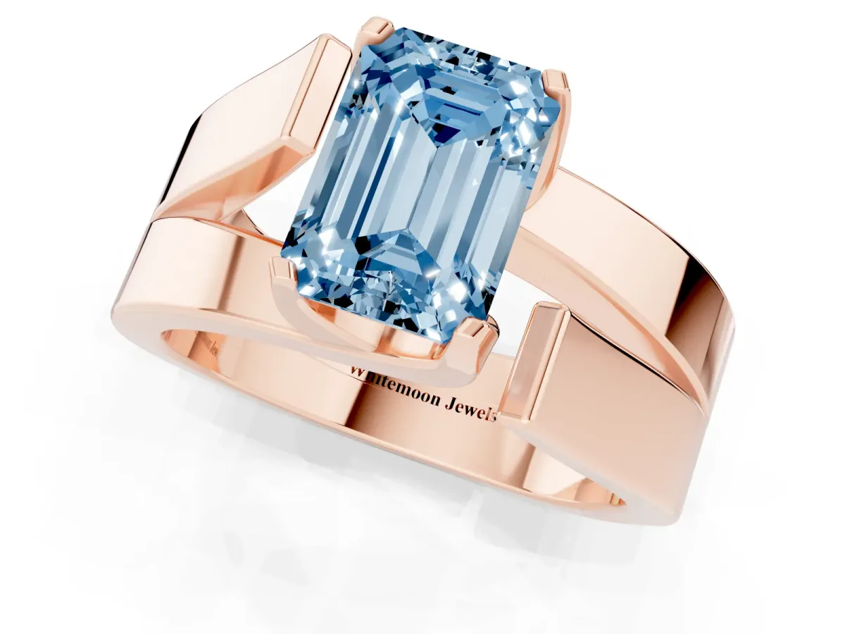 Fancy Blue Modern Tension Set Emerald Cut Diamond Solitaire Wide Band Ring Rose gold