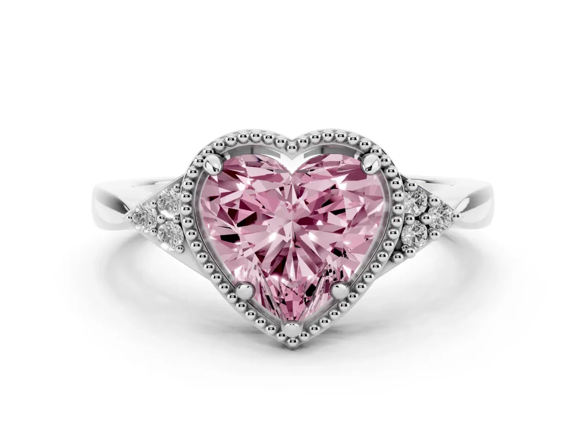 Fancy Pink Milgrain Heart Cut Cut Diamond Ring with Tapered Pave Band and Four Prong Setting Platinum