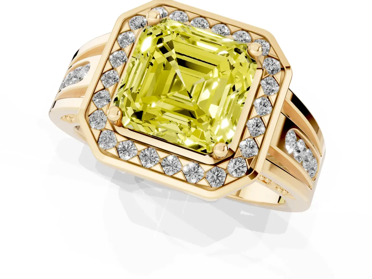 Fancy Yellow Asscher Cut Diamond Halo Ring with Split Shank and Bezel Accents and Prong Setting Yellow gold