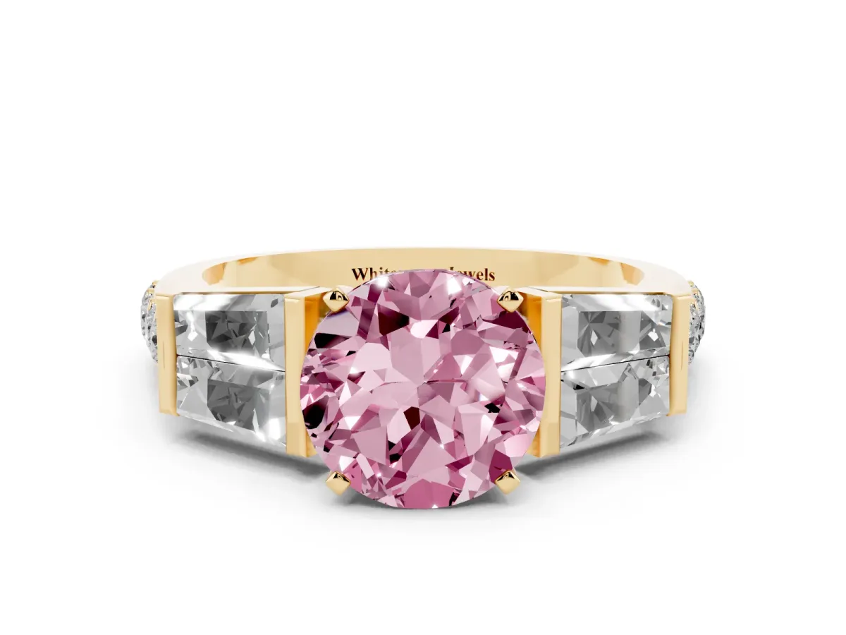 Fancy Pink Round Cut Diamond Engagement Ring with Baguette Side Stones and Channel Set Band Yellow gold