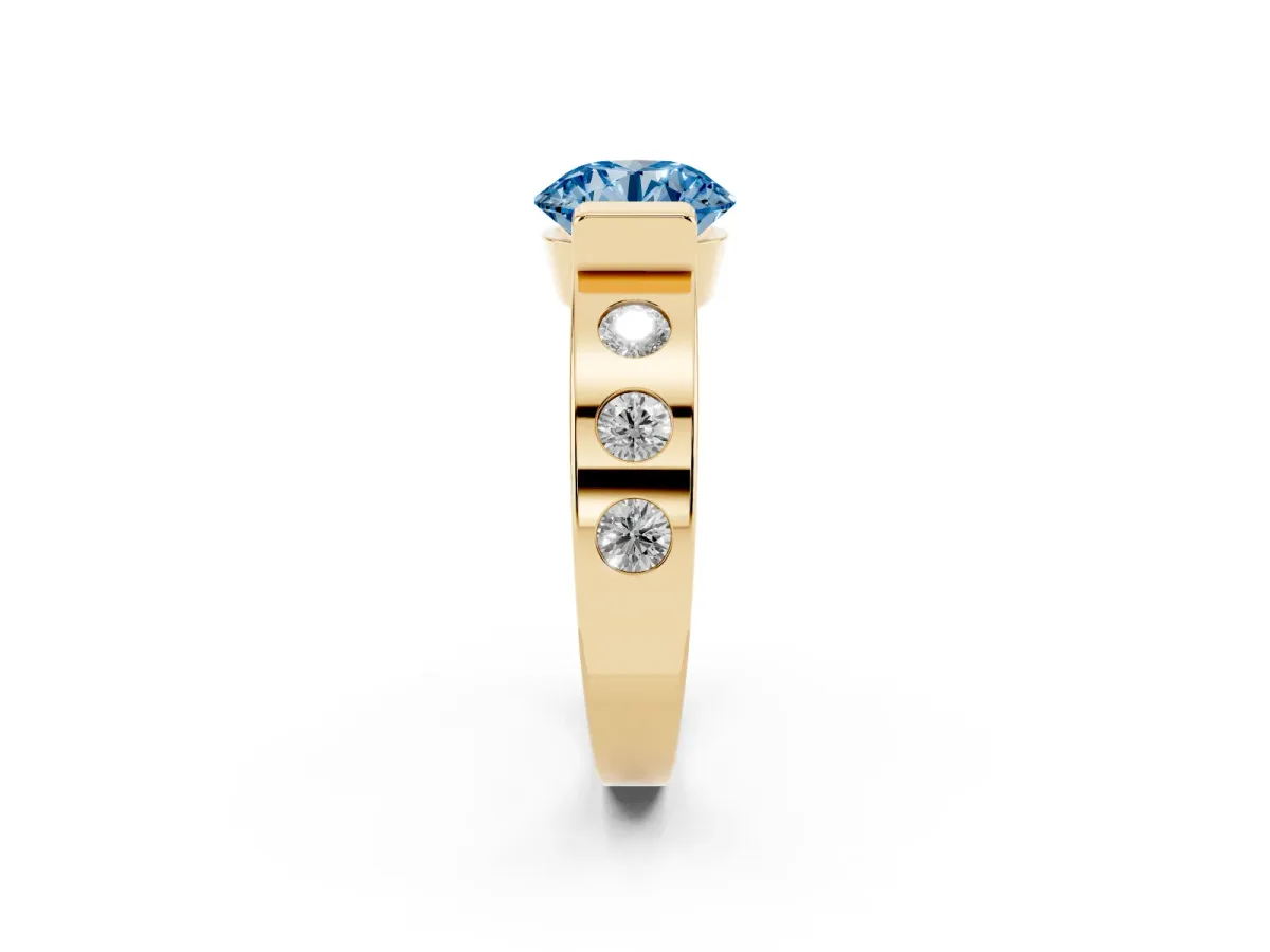 Fancy Blue Round Cut Brilliant Channel-Set Diamond Ring with Bezel Prong Setting Yellow gold