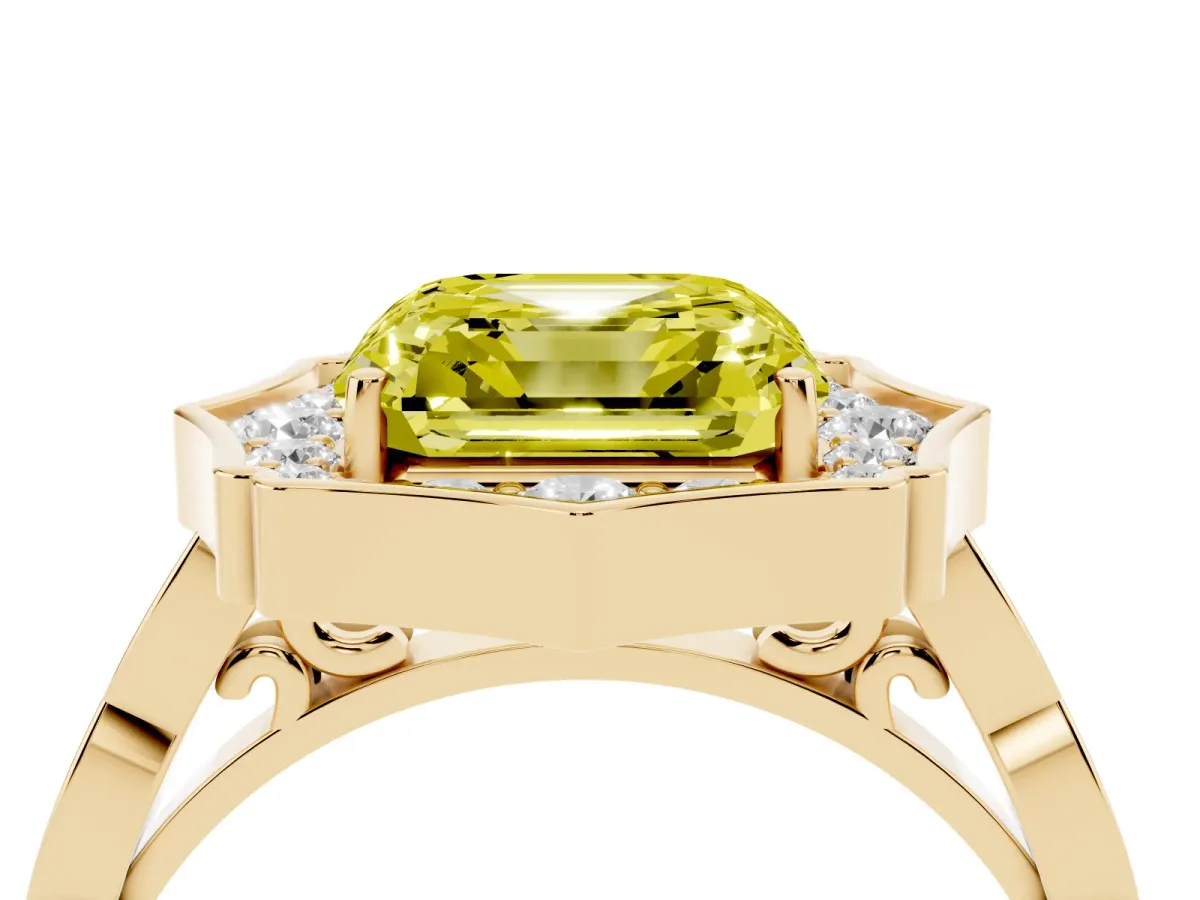 Fancy Yellow Asscher Cut Halo Diamond Engagement Ring with Milgrain Band and Four-Prong Setting Yellow gold