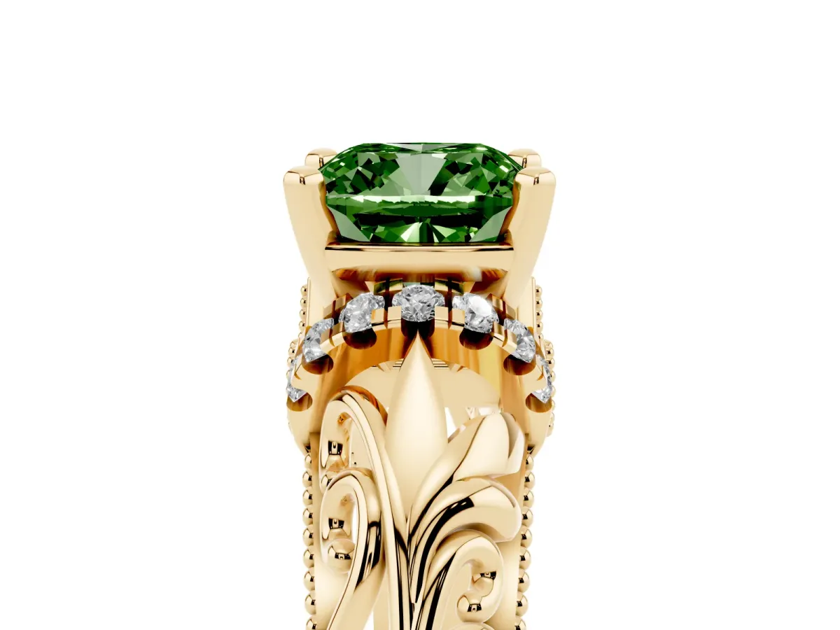 Fancy Green Cushion Cut Solitaire Filigree Engagement Ring with Halo and Prong Setting Yellow gold