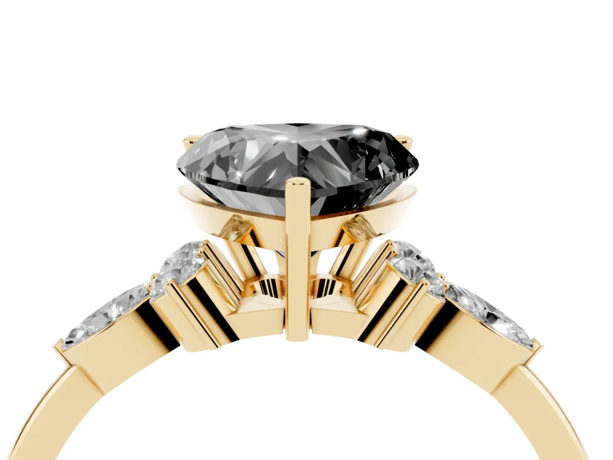 Fancy Black Heart Cut Brilliant Diamond Solitaire Ring with Pear Side Stones and Four-Prong Setting Yellow gold