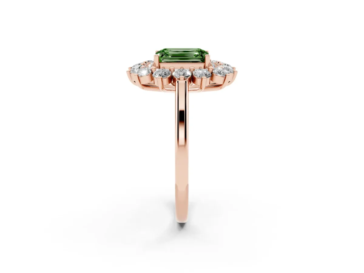 Fancy Green Emerald Cut Diamond Floral Double Halo Engagement Ring with Prong Setting Rose gold