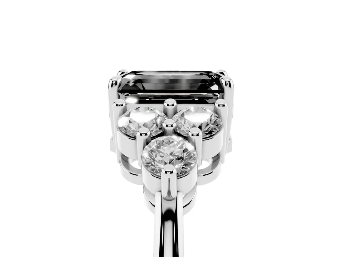 Fancy Black Emerald Cut Brilliant Diamond Cluster Accent Solitaire Ring with Prong Setting Platinum