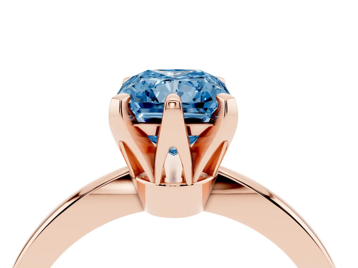 Fancy Blue Radiant Cut Solitaire Engagement Ring with Six-Prong Setting and Tapered Band Rose gold
