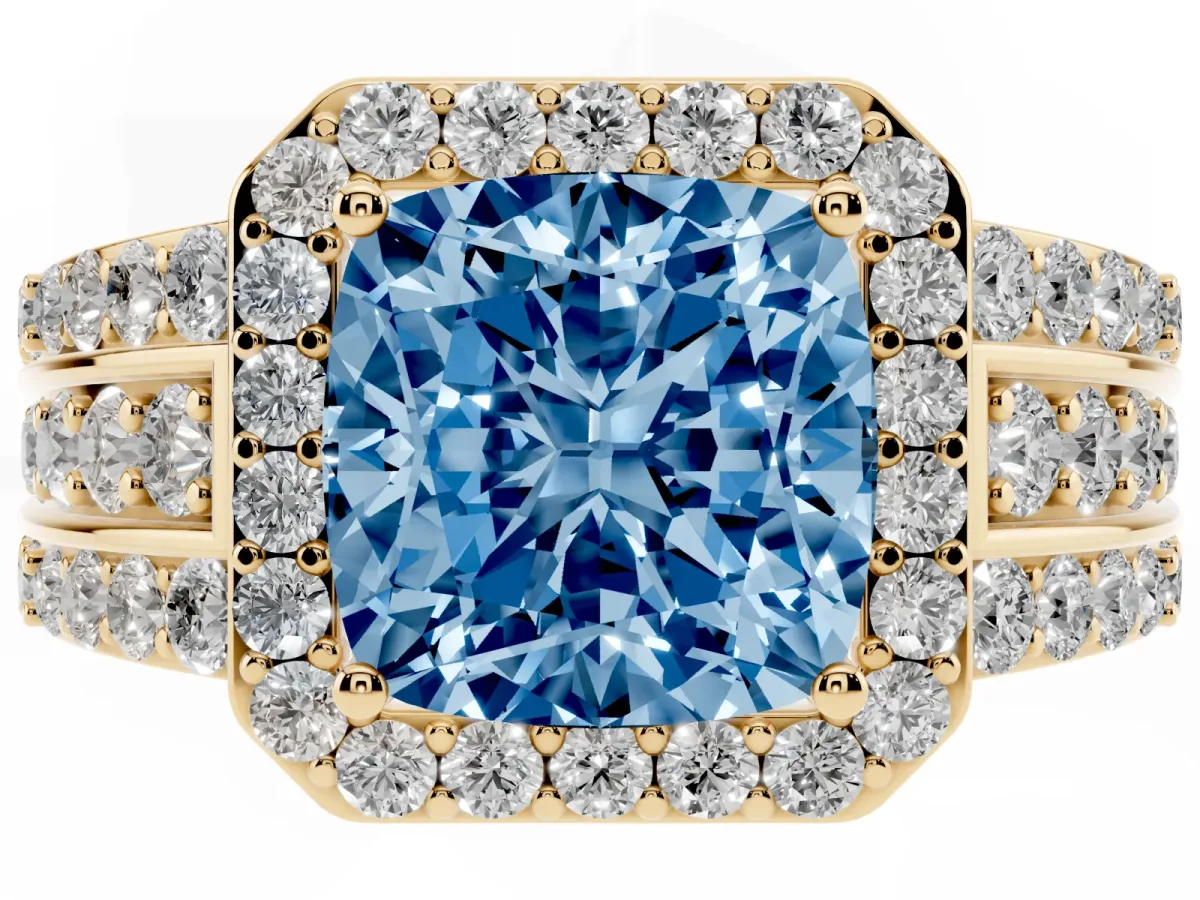 Fancy Blue Cushion Cut Halo Diamond Ring with Round Split Shank and Prong Setting Yellow gold