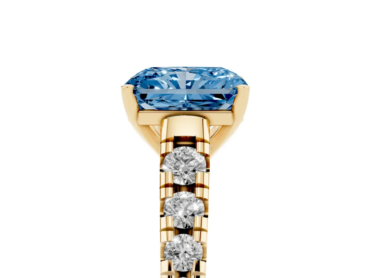 Fancy Blue Radiant Cut Diamond Cathedral Solitaire Ring with Round Pavé Band Yellow gold