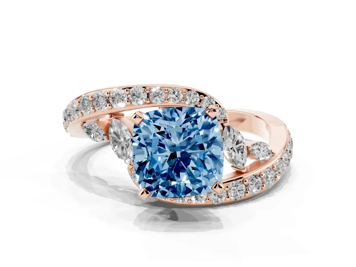 Fancy Blue Cushion Cut Diamond Solitaire Ring with Filigree Band and Four-Prong Setting Rose gold