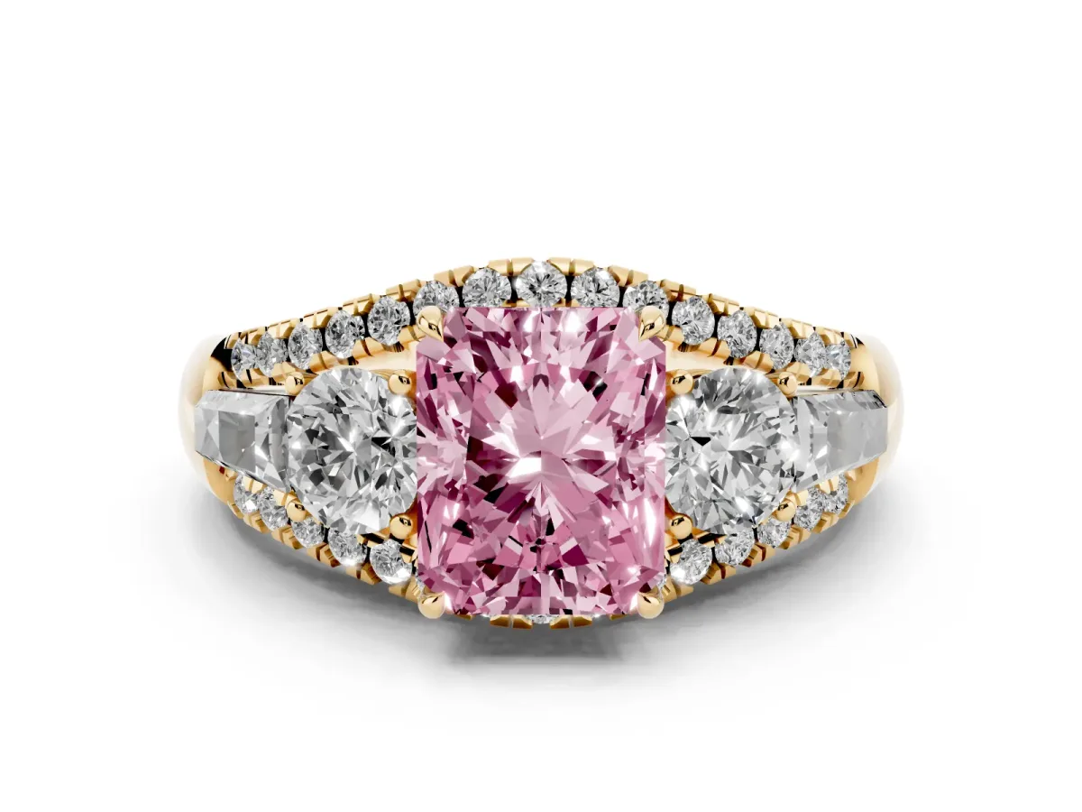 Fancy Pink Three-Stone Radiant Cut Diamond Engagement Ring with Pave Band and Prong Setting Yellow gold