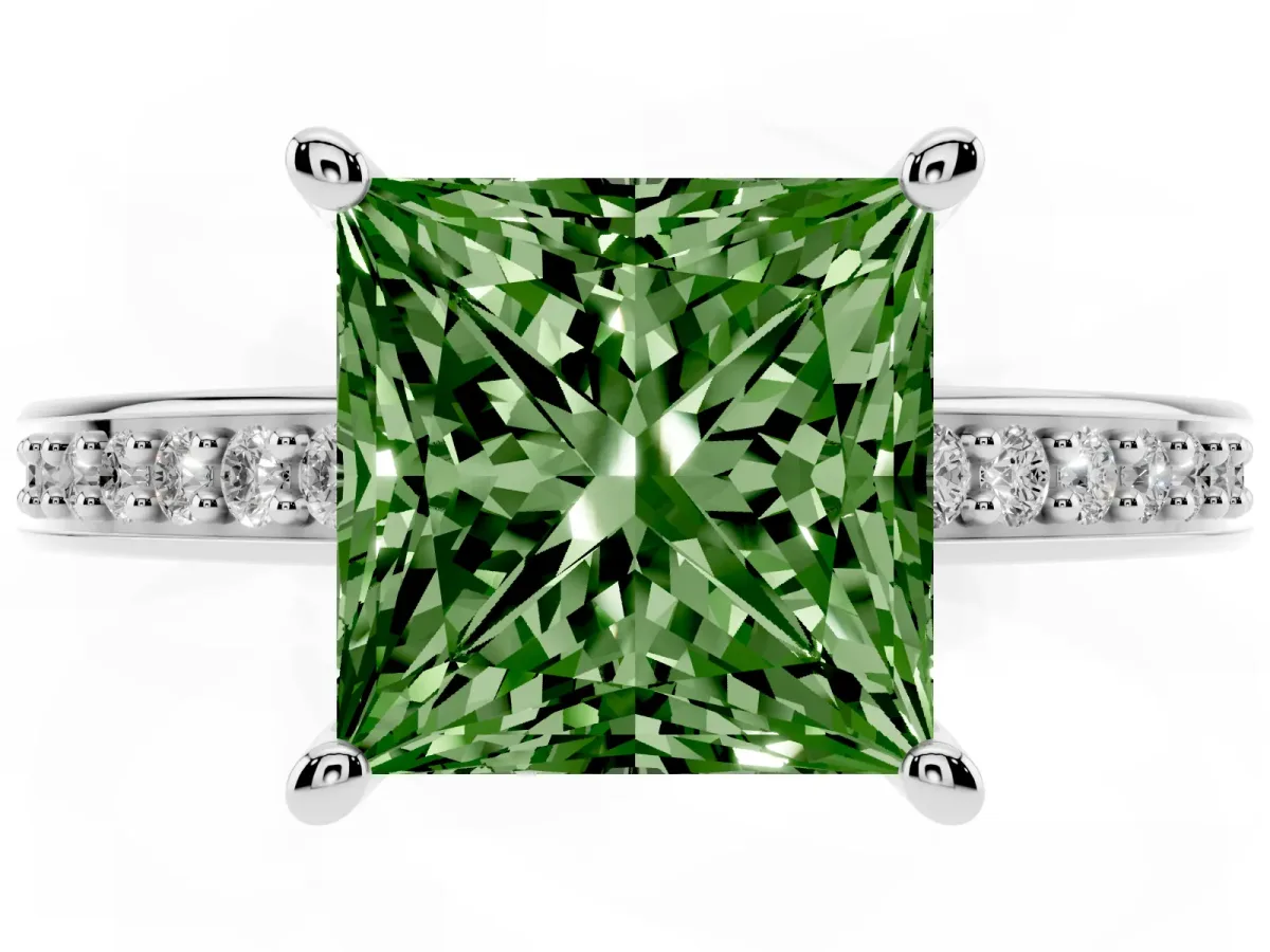 Fancy Green Princess Cut Solitaire Pavé Band Prong Setting Ring Silver