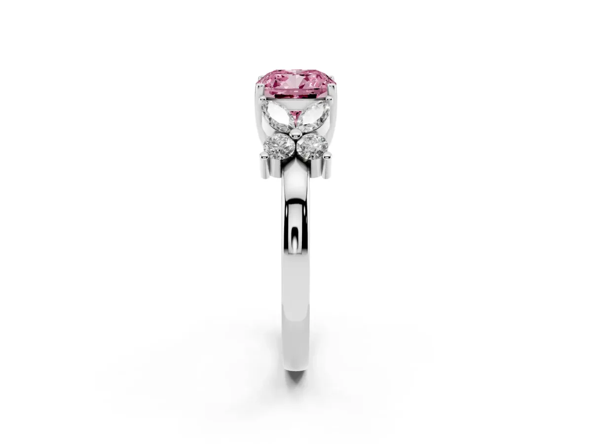 Fancy Pink Cushion Cut Diamond Floral Cluster Ring with Solitaire Band and Prong Setting White gold