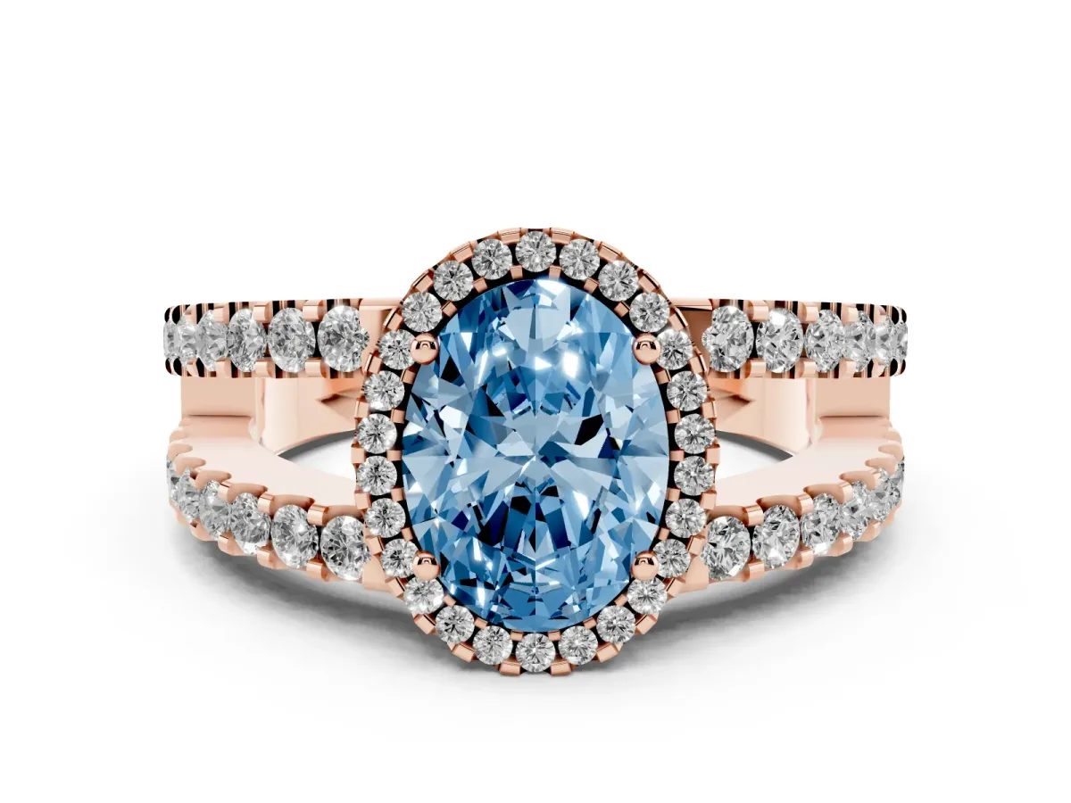 Fancy Blue Oval Cut Cut Halo Split Shank Diamond Ring with Four-Prong Setting Rose gold