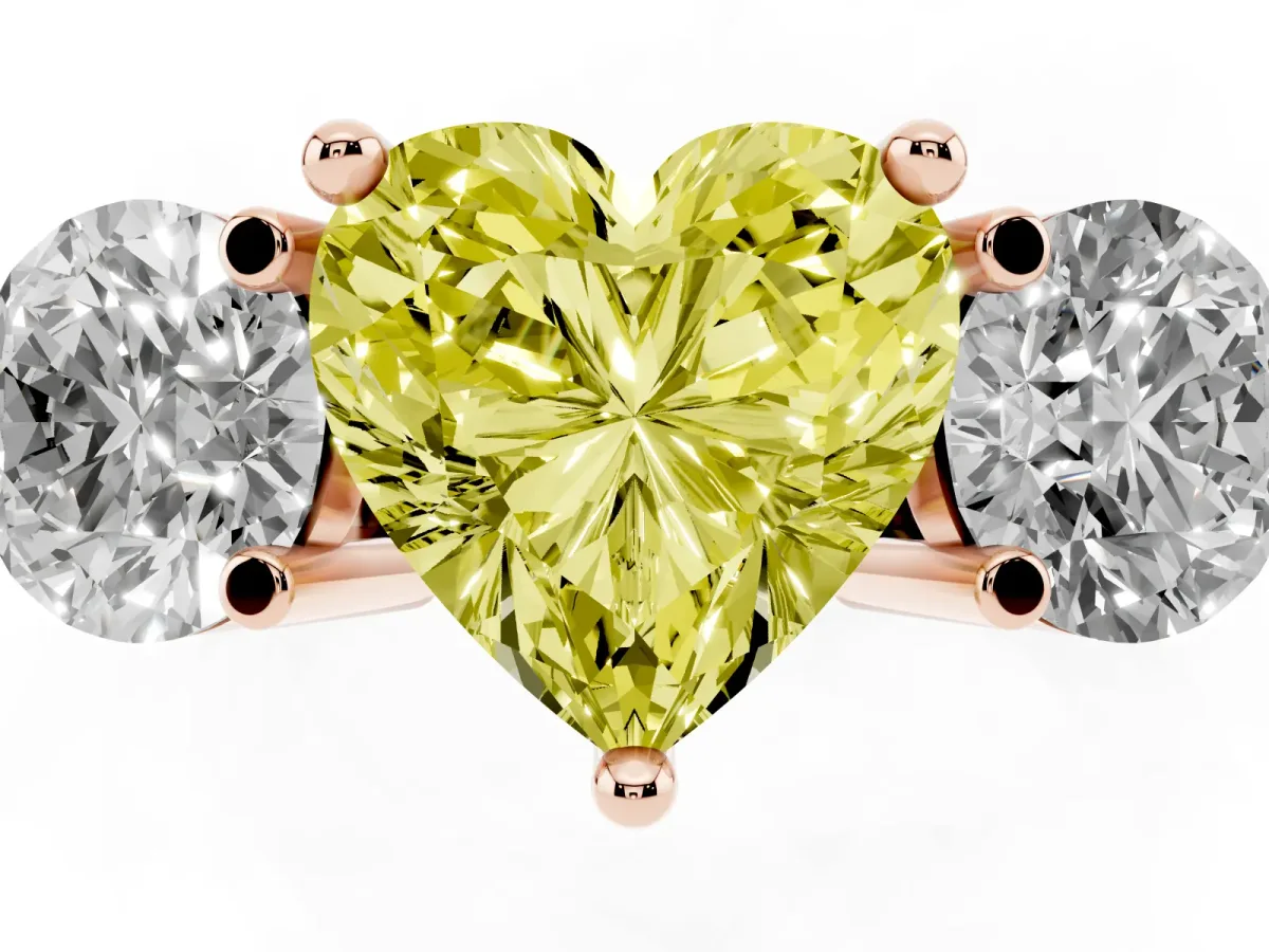 Fancy Yellow Three-Stone Heart Cut Brilliant Cut Solitaire Ring with Prong Setting on a Classic Band Rose gold