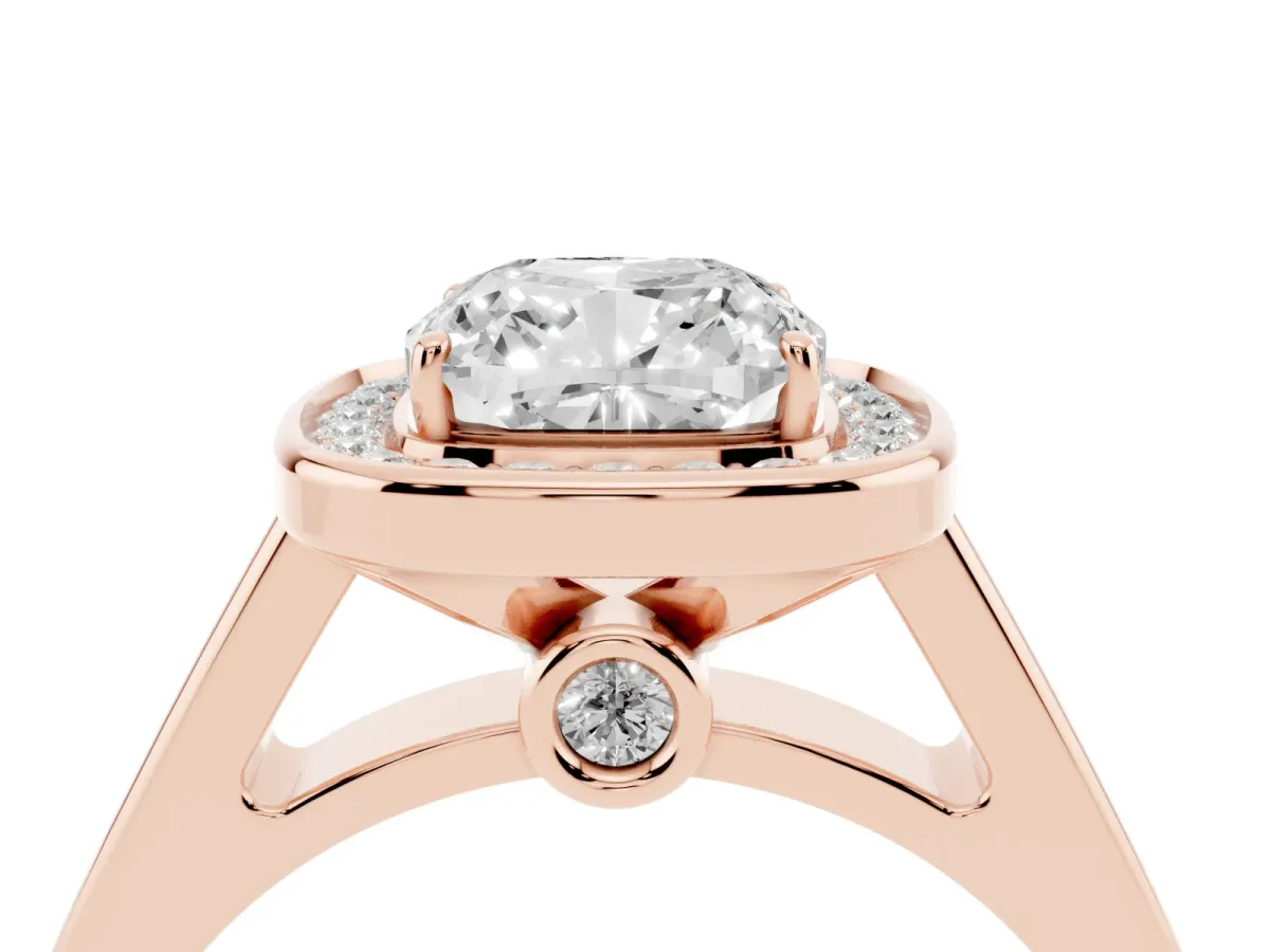 Cushion Cut Halo Solitaire Diamond Ring with Pave Band and Bezel Setting Rose gold