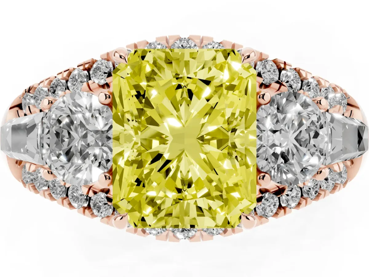Fancy Yellow Three-Stone Radiant Cut Diamond Engagement Ring with Pave Band and Prong Setting Rose gold