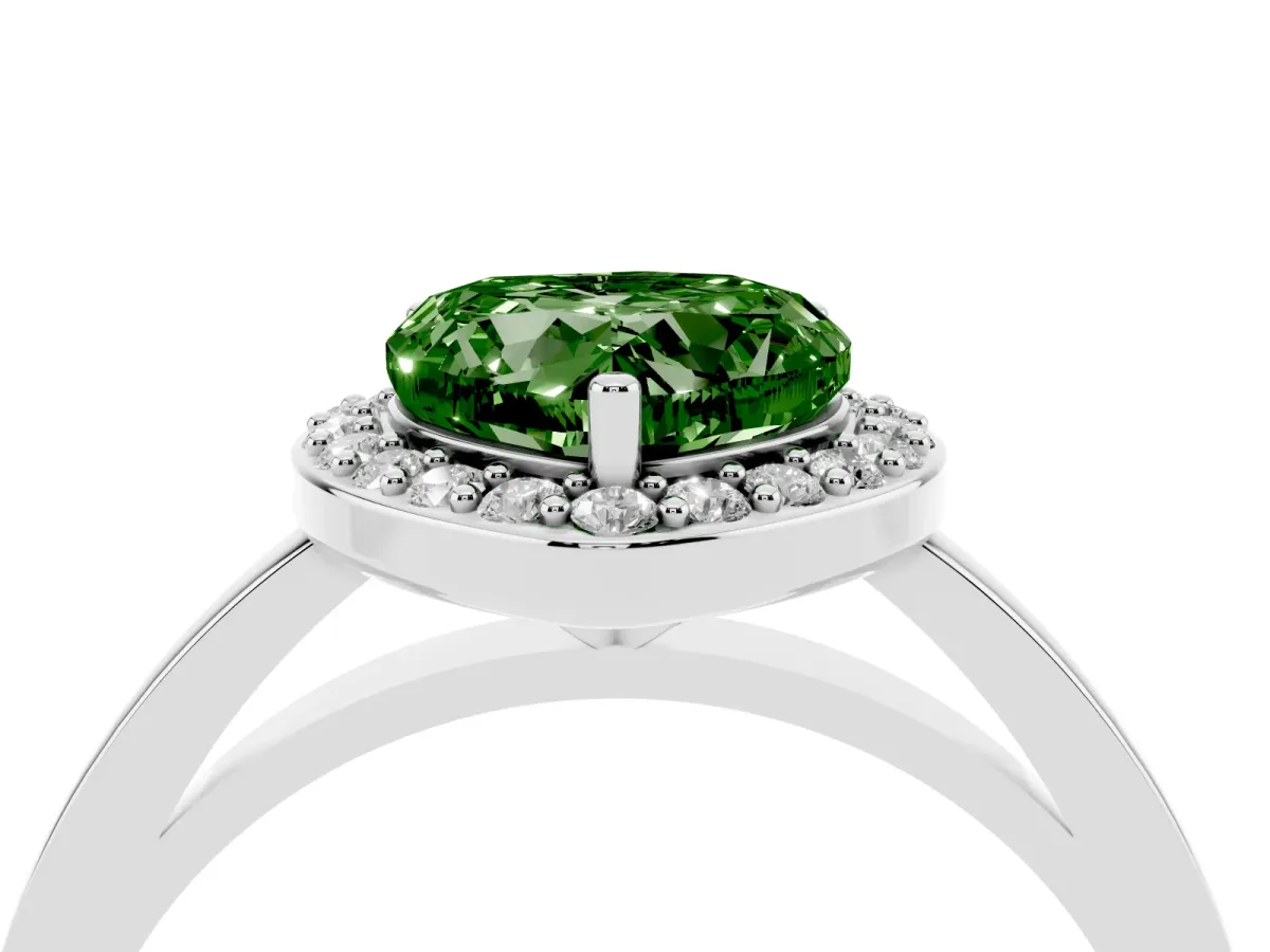 Fancy Green Heart Cut Halo Diamond Ring with Solitaire Band and Prong Setting Silver