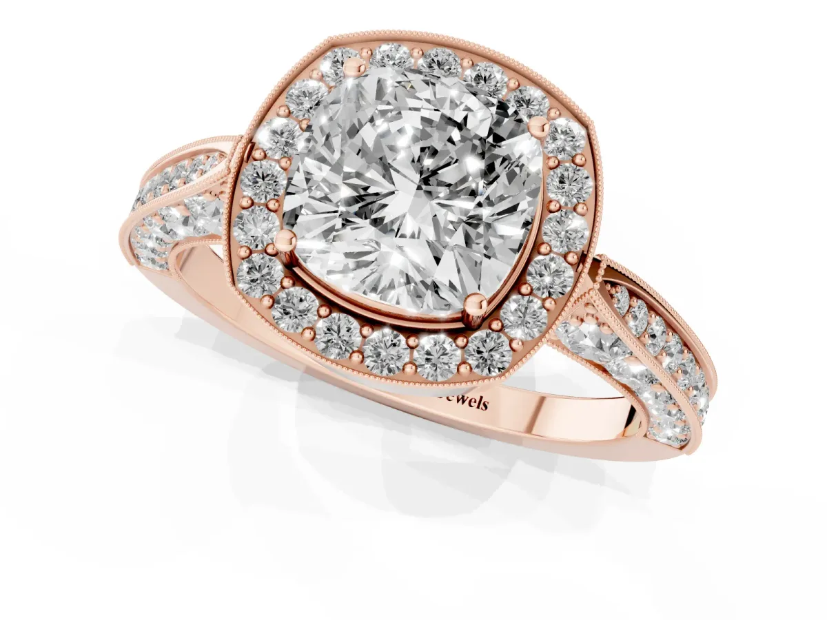 Cushion Cut Halo Diamond Engagement Ring with Split Shank Band and Four-Prong Setting Rose gold