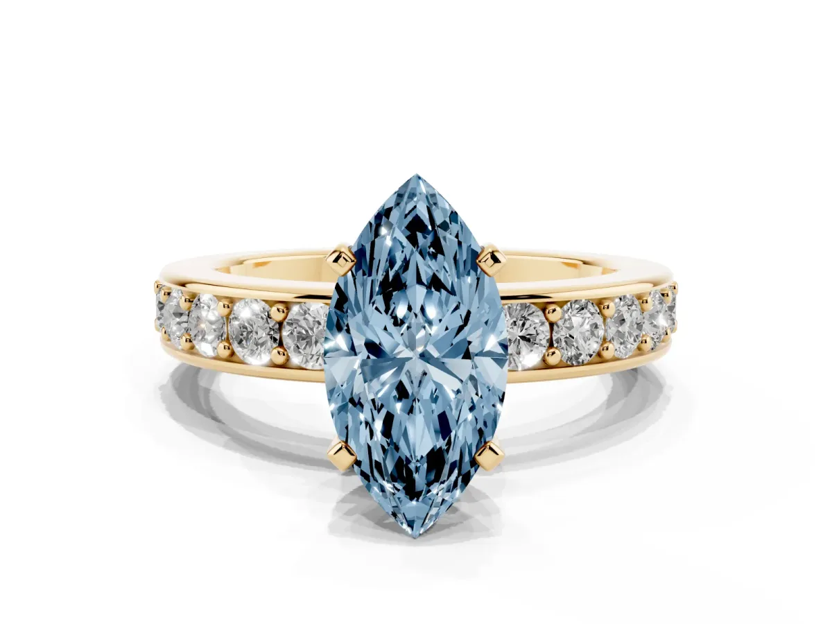 Fancy Blue Marquise Cut Diamond Engagement Ring with Channel Set Round Band and Prong Setting Yellow gold