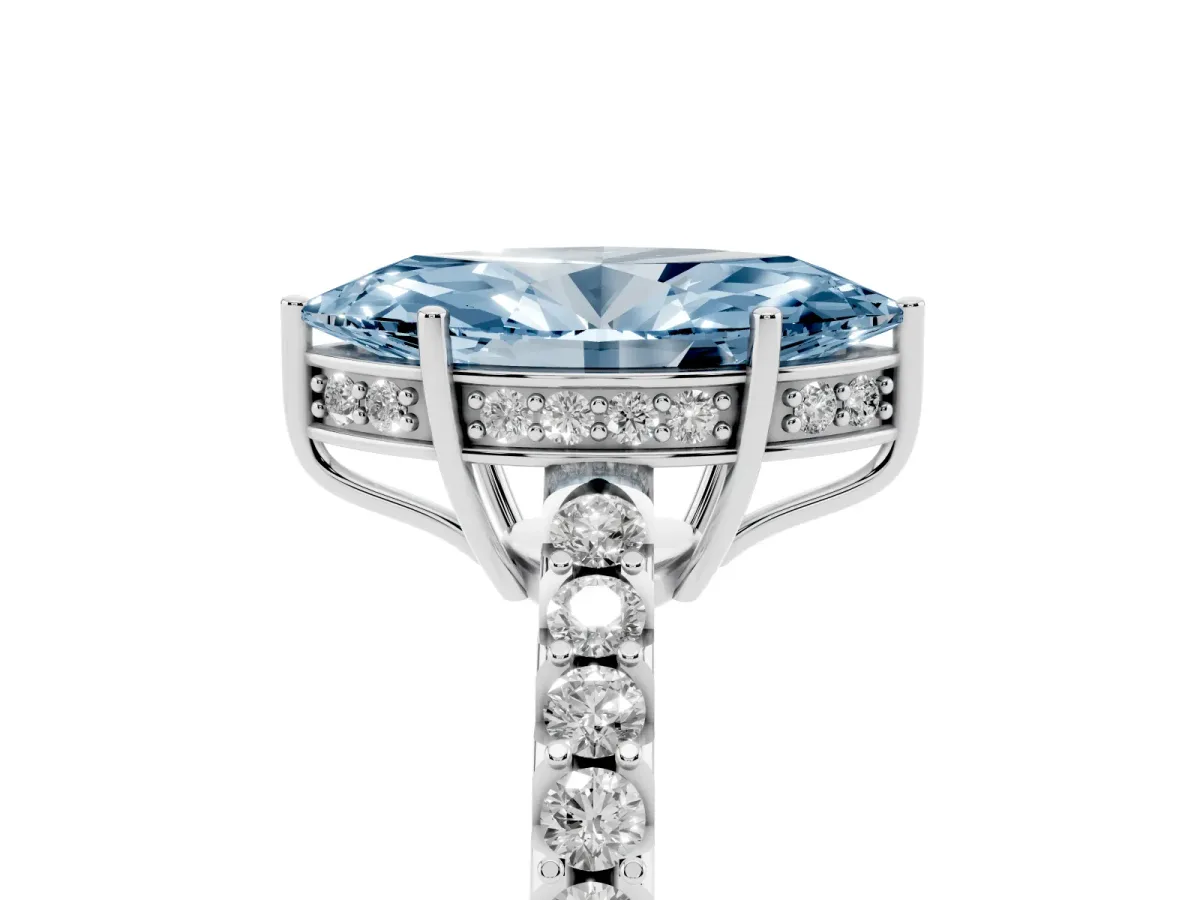 Fancy Blue Marquise Cut Solitaire Diamond Engagement Ring with Pavé Band and Six-Prong Setting White gold