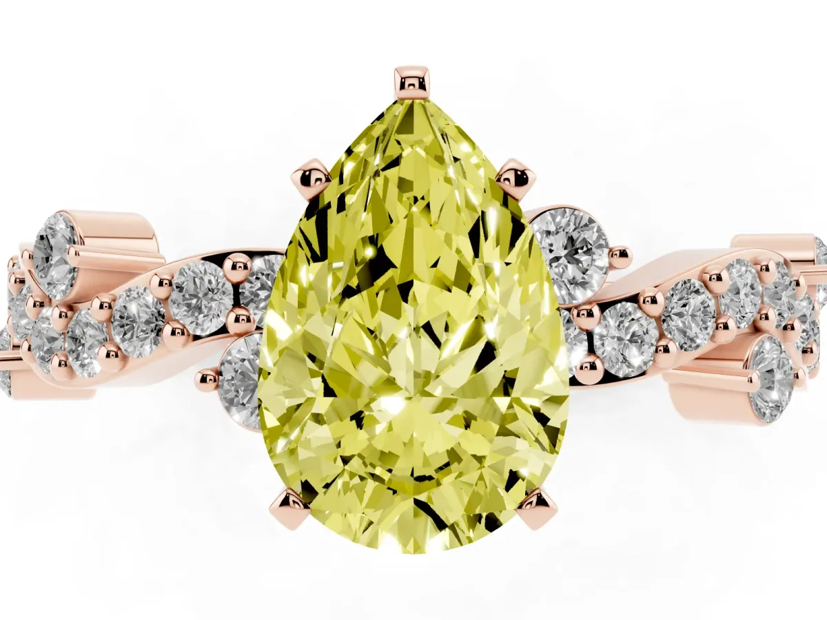 Fancy Yellow Pear Cut Cut Solitaire Diamond Twisted Band with Pave Setting Rose gold