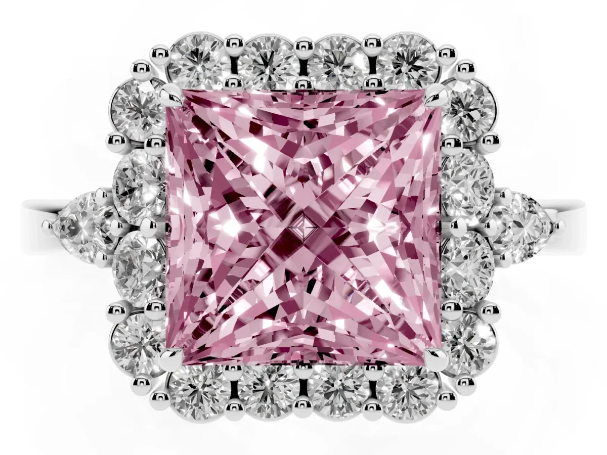 Fancy Pink Princess Cut Diamond Halo Ring with Pear Side Stones and Prong Setting Silver