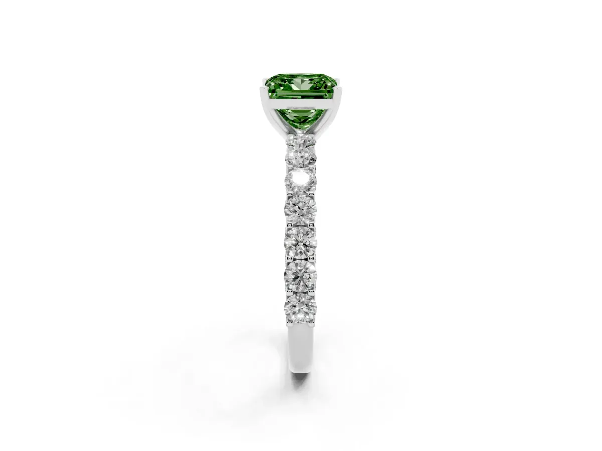 Fancy Green Princess Cut Diamond Solitaire Ring with Shared Prong Pavé Band and Four-Prong Setting Silver