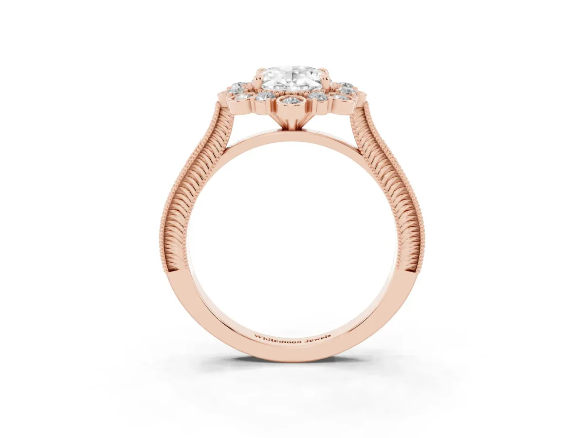 Oval Cut Halo Milgrain Pave Diamond Ring with Four-Prong Setting Rose gold