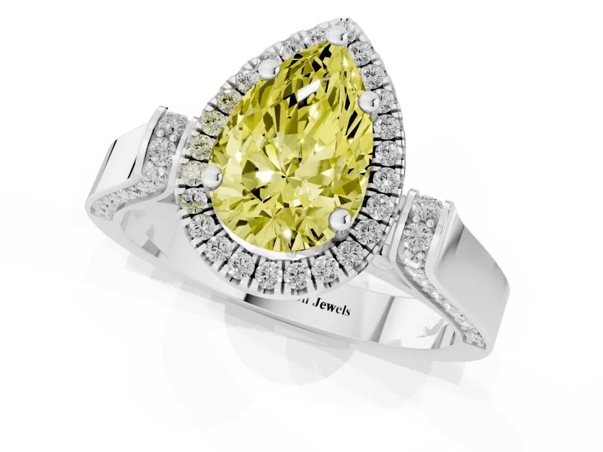 Fancy Yellow Pear Cut Halo Pave Split Shank Prong Setting Ring Silver