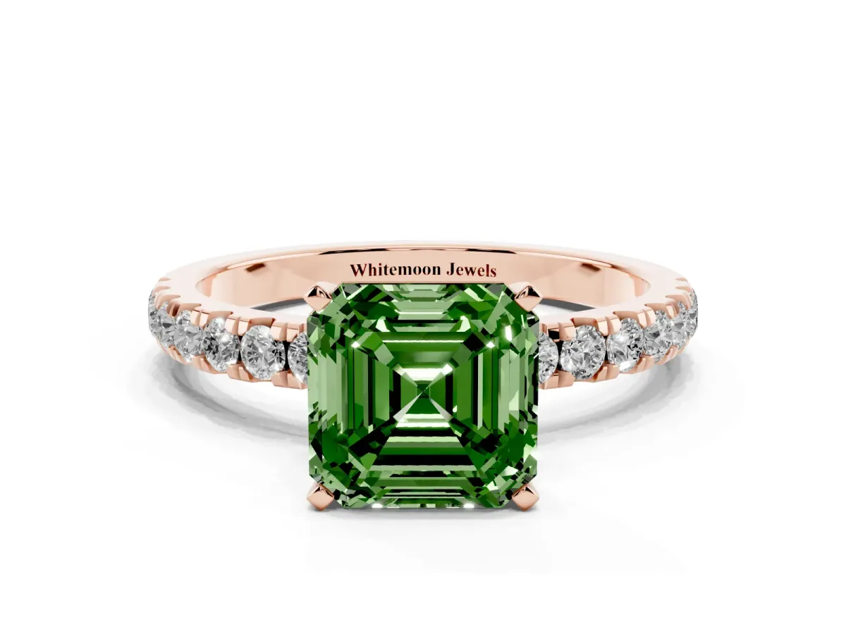 Fancy Green Asscher Cut Diamond Solitaire Ring with Pavé Accents and Four-Prong Setting Rose gold