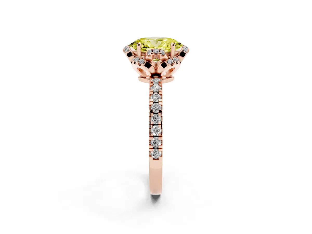 Fancy Yellow Oval Cut Diamond Halo Pave Band with Four-Prong Setting Rose gold