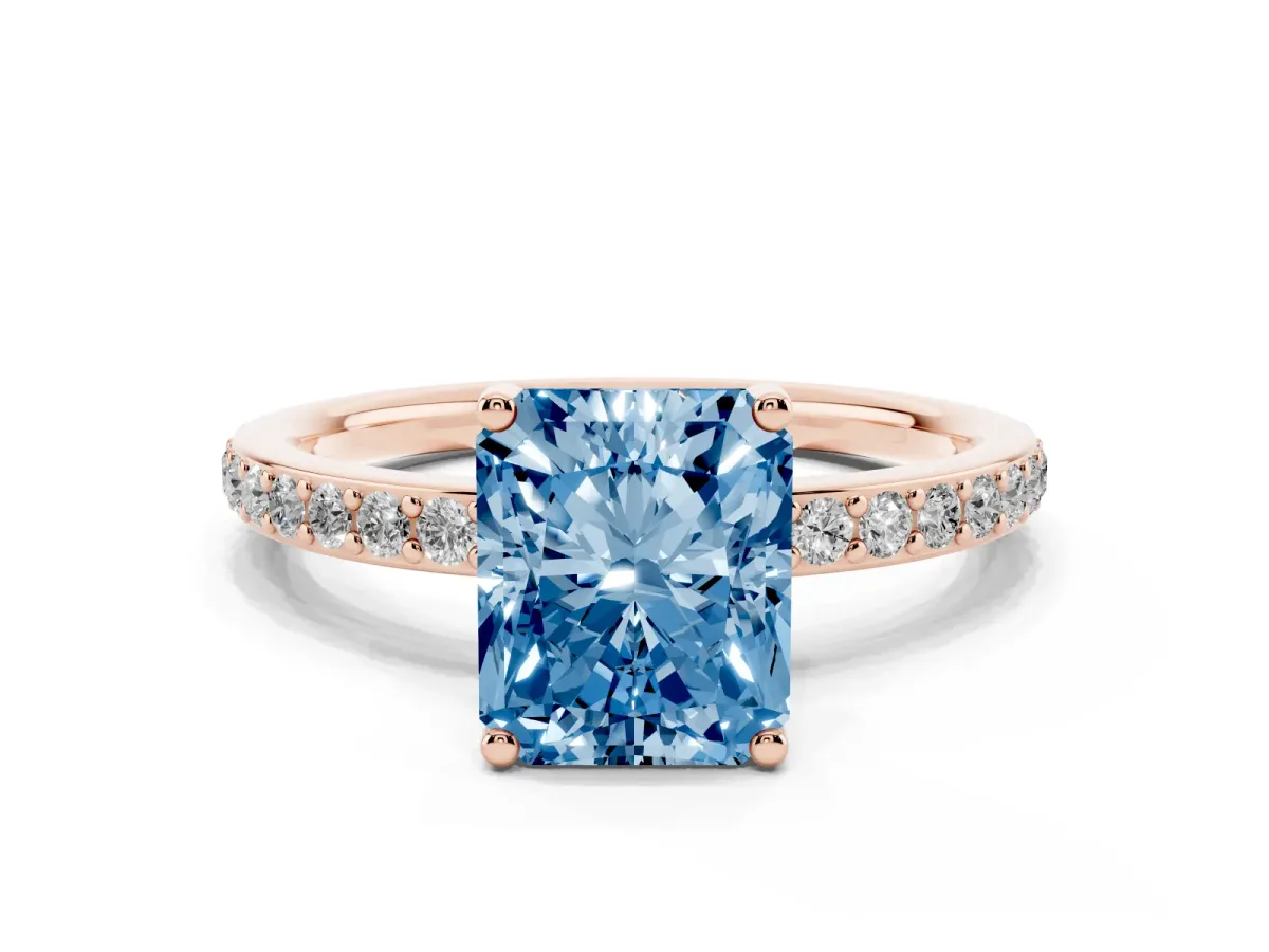 Fancy Blue Radiant Cut Cut Diamond Pavé Band Ring with Four-Prong Setting Rose gold