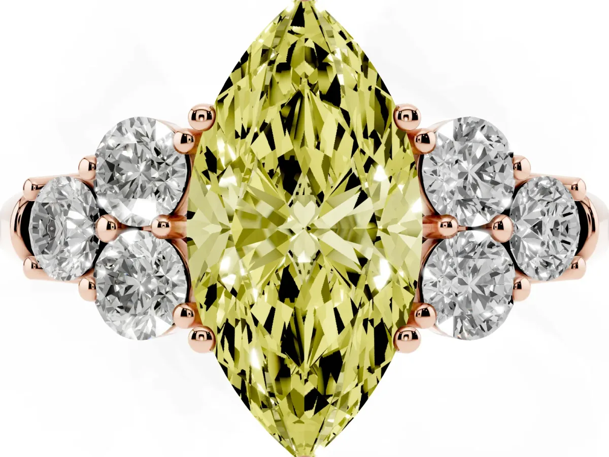 Fancy Yellow Marquise Cut Cut Diamond Cluster Ring with Round Accent Stones and Prong Setting on a Classic Band Rose gold