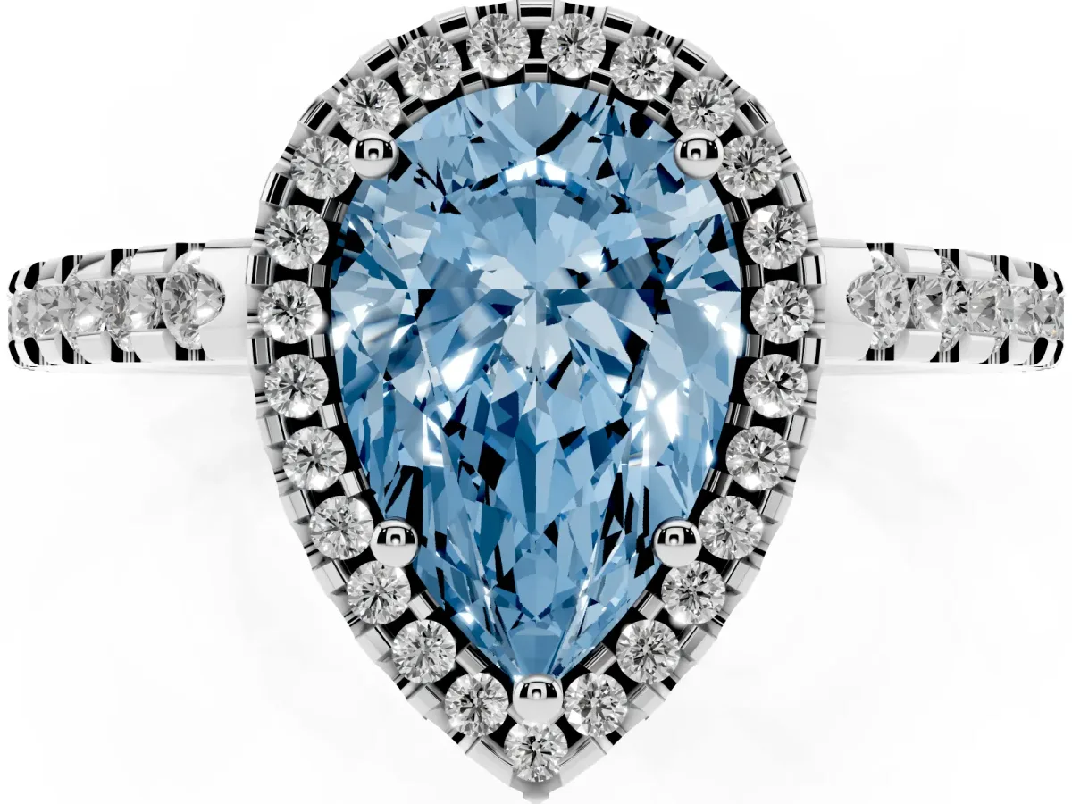 Fancy Blue Pear Cut Diamond Halo Engagement Ring with Pavé Band and Prong Setting Silver