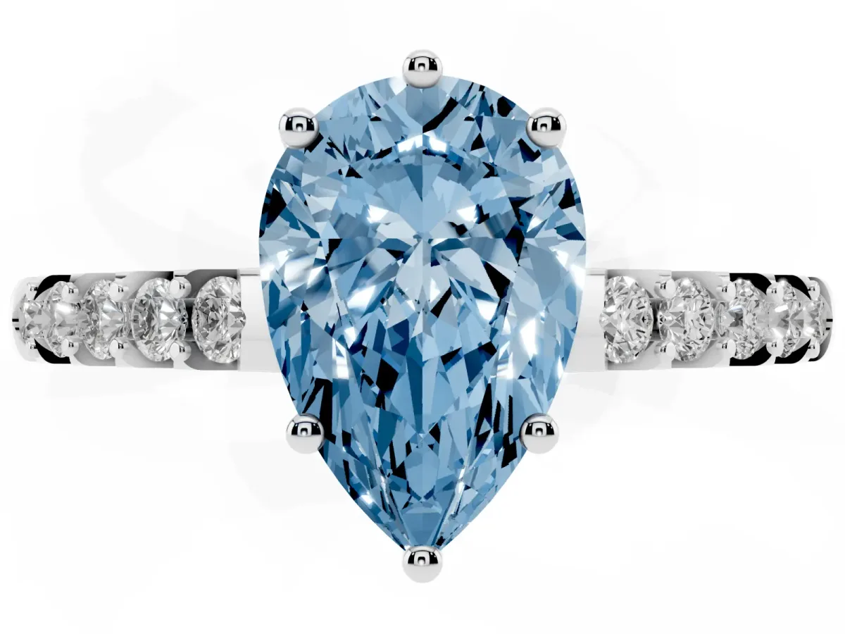Fancy Blue Pear Cut Solitaire Diamond Engagement Ring with Pavé Band and Six-Prong Setting Silver