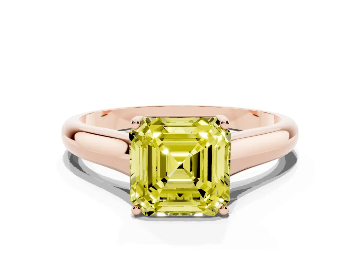 Fancy Yellow Asscher Cut Solitaire Engagement Ring with Tapered Band and Four-Prong Setting Rose gold